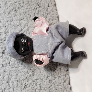 Vintage Porcelain African American Doll Overalls Approx 4" Tall Blue and Pink